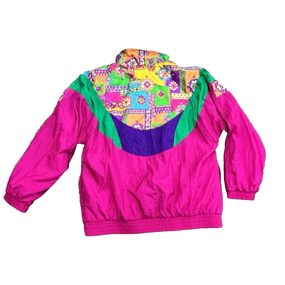Vintage Windbreaker Jacket Women Large Nylon Loud Geometric Pattern Retro 80s 90